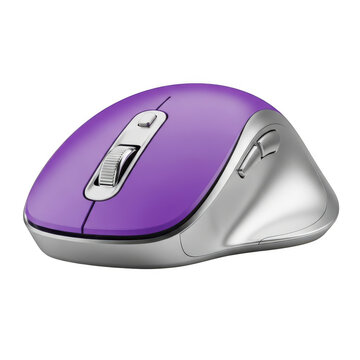 Purple wireless optical mouse with scrolling wheel and two side buttons isolated on transparent background