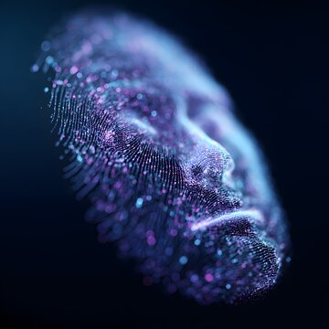 Digital persona: Abstract representation of a human face composed of countless particles, radiating an aura of technological innovation and artificial intelligence.