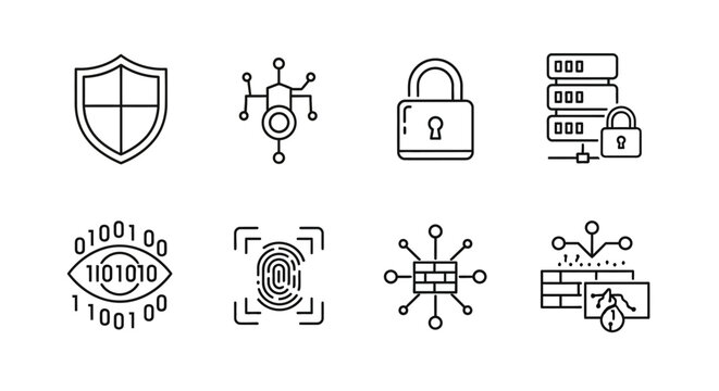 Cybersecurity icons shield lock fingerprint network symbols protection