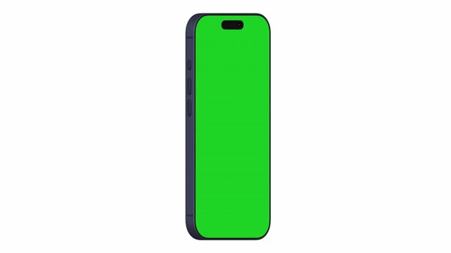 Rotating iPhone animation with a green screen on an isolated background, including a screen mask and alpha channel for web, App UI, and presentations. Isometric view.
