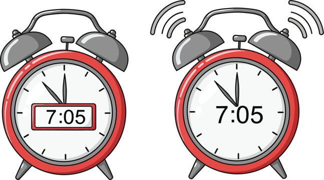 Twin alarm clocks show the time 7:05, one is ringing loudly.