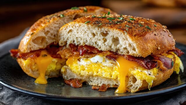 Delicious Breakfast Bagel Sandwich with Crispy Bacon, Fluffy Scrambled Eggs, and Oozing Melted Cheddar Cheese