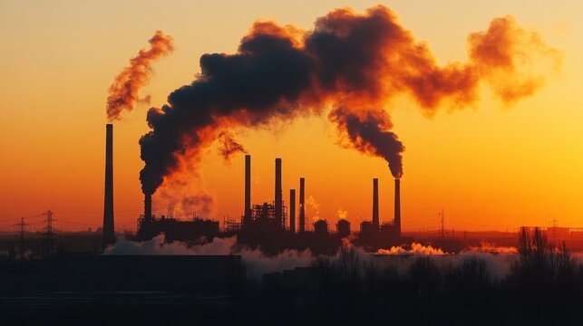 Factory chimneys belching thick black smoke against the backdrop of an orange sunset serve as a stark reminder of pollution and form the main backdrop for environmental or industrial issues.
