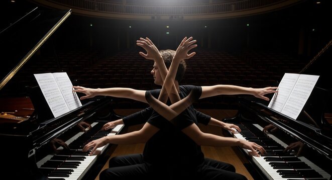Symmetrical Illusion of Pianists Hands Playing Multiple Pianos.