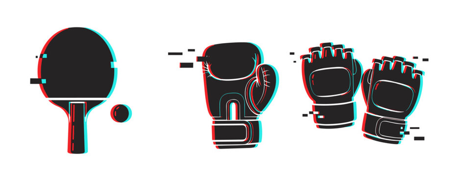 Energetic sports equipment: table tennis paddle, boxing gloves, mma gloves with digital effect