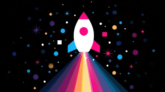 Colorful rocket launching into space with stars and geometric shapes