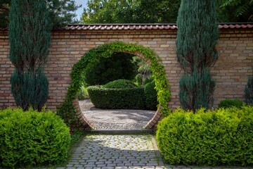Fototapeta premium A fragment of a landscape park with lush, diverse plants.