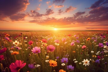 Fototapeta premium Diverse wildflowers filling a field bathed in warm golden light under a dramatic sky