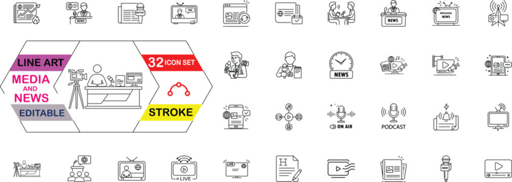 Media and News Line Art Vector Icon Set: Editable Stroke Collection Featuring Journalism, Live Broadcasting, Breaking News, Podcast, Television Reporter, and Digital Mass Communication Outline Icons 