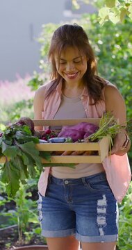 African American woman walking past beds holding wood crate of veggies after picking, in pink shirt