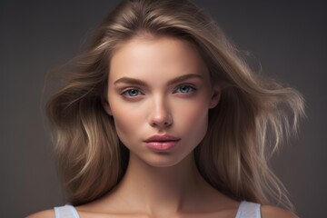 Naklejka premium Studio portrait of a beautiful young blonde woman with long hair posing on a gray background