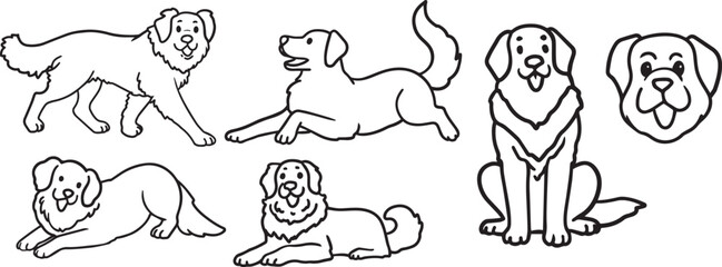 Fototapeta premium Set Minimalist Dog Line Art Clipart Cute Puppy Outline Illustration Pet Shop, Veterinary Clinic, children Coloring Page hand-drawn line art simple cartoon character mascot outline animal care doodle