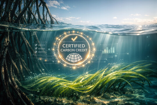 Certified carbon credit hologram above seagrass meadow and mangrove roots visualizing blue carbon certification, carbon credits, nature-based climate finance concept for sustainability markets