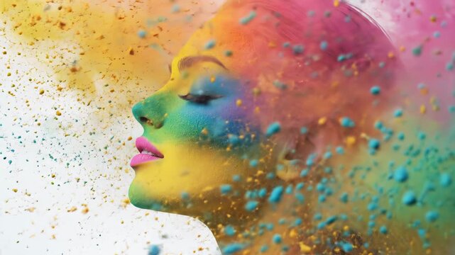Woman poses with colorful face makeup and artistic powder explosion. Background features bright colors and dynamic motion. Concept of art, beauty, photography
