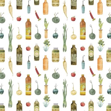minimalist minimal watercolor cooking ingredients repeat pattern with vegetables herbs and oil bottles