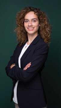 Confident professional woman bank employee in black blazer standing with arms crossed against green background with copy space.
