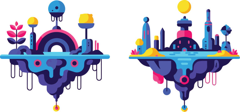 Vibrant floating cityscape with abstract architecture and futuristic elements on a minimal background