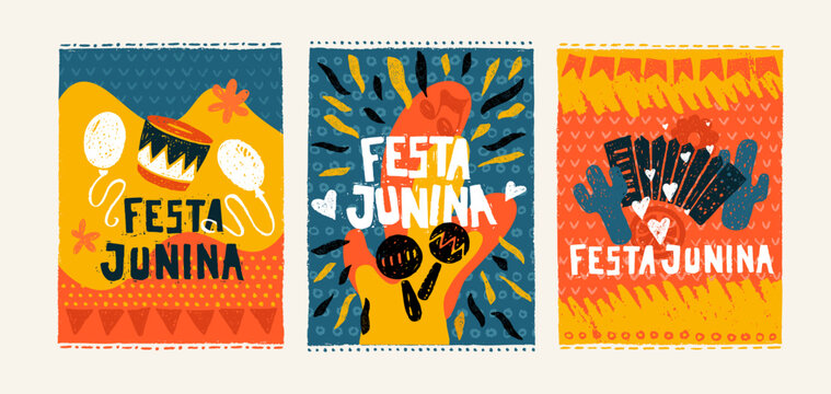 Festa Junina carnival flyers with crayon icons of summer festival in frames. Music party posters with accordion, guitar, bonfire, drum and lantern drawn with bright chalk texture, vector illustration