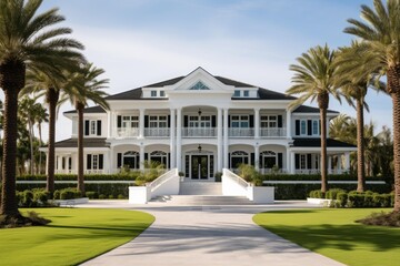 Obraz premium White mansion featuring columns, portico, manicured lawn, and tropical palm trees