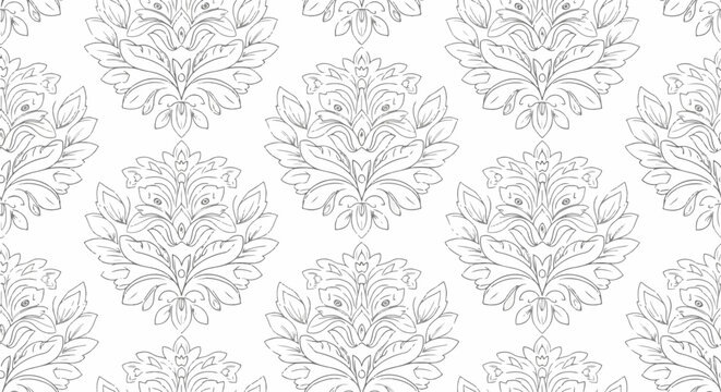 Elegant navy floral ornament pattern inspired by antique damask fabrics and vintage wallpaper aesthetics
