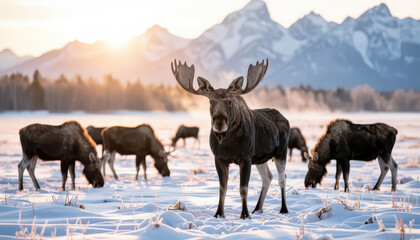 Fototapeta premium A group of moose grazes in the snow-covered field. The majestic moose stand against a backdrop of mountains in the fading sunlight.