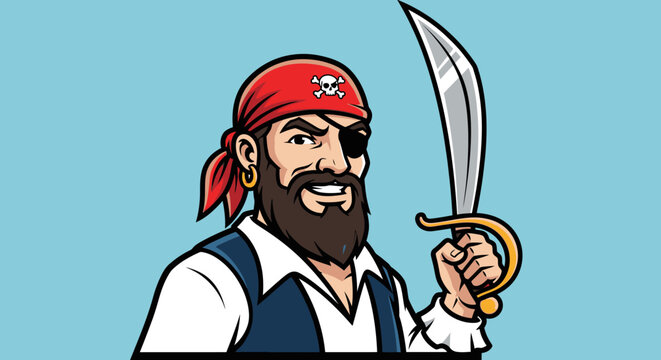 Cartoon pirate with eye patch and saber on light blue background vector