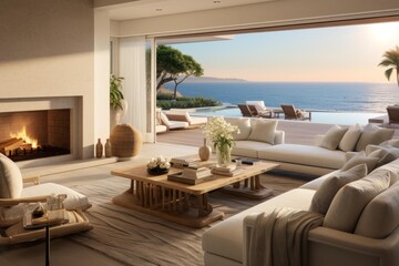 Naklejka premium Modern villa living area opening to an outdoor deck with infinity pool and ocean sunset
