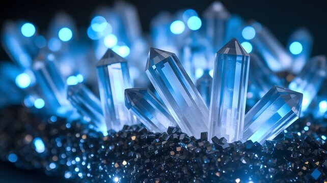 Glowing blue crystal shards emerging from black glitter background with bokeh lighting effect