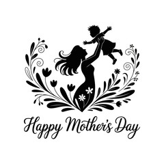Obraz premium Mother's Day Silhouette: A loving mother joyfully lifts a child in the air, framed by delicate floral embellishments, a timeless symbol of maternal affection.