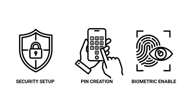 Icons for security setup pin creation biometric enable with graphic resource smartphone fingerprint protection authentication verification password passcode identification technology