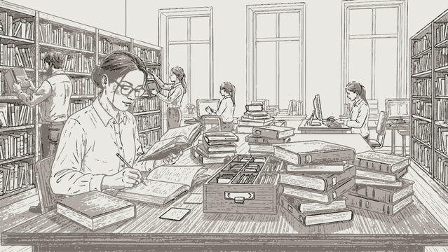 Sketch of a woman studying in a busy library surrounded by stacks of books