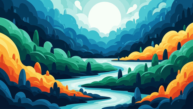 A vibrant stylized landscape illustration with a flowing river and sun.
