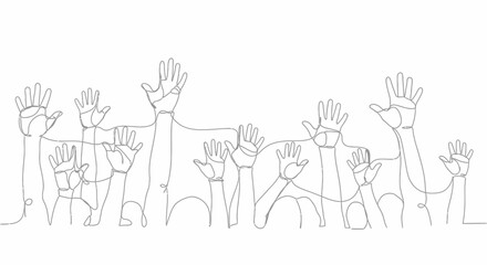 Obraz premium Diverse Hands Raised, Continuous Line Art, Unity and Participation Concept