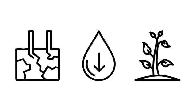 Drought water drop plant growth icons with seedling agriculture environment conservation sustainability hydration irrigation resource scarcity horticulture illustration collection