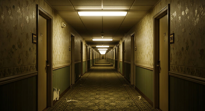 A dimly lit, long and eerie hotel hallway with peeling wallpaper and worn carpeting, lined with doors leading to unknown rooms.