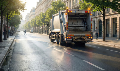 Naklejka premium Garbage truck collecting waste on a quiet city street lined with trees and buildings during early morning light, pedestrian crossing visible in the background