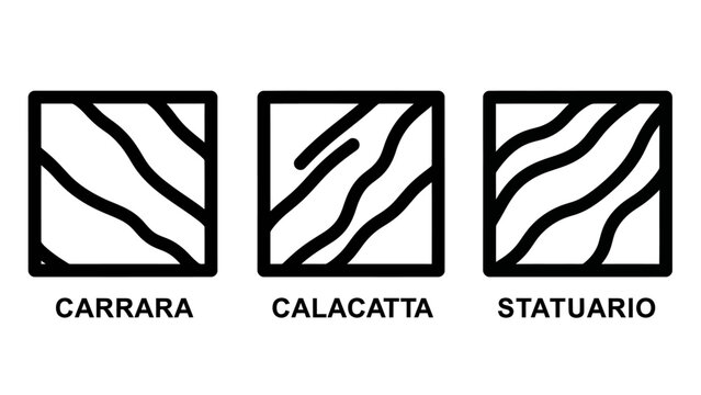 Minimalist linear icons representing different white marble varieties like carrara calacatta and statuario for architectural design with calacatta statuario collection architecture material