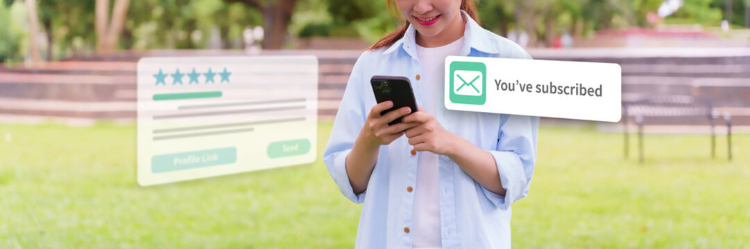 Woman using smartphone receives subscription confirmation message and leaves a five star rating showing customer satisfaction with online service subscribe feedback rating