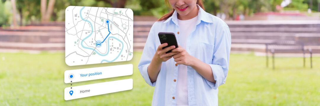 Woman using phone GPS navigation app finding route home on digital city map for easy travel and commuting technology with location tracker map route destination