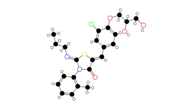ponesimod molecule, structural chemical formula, ball-and-stick model, isolated image sphingosine 1-phosphate receptor modulator