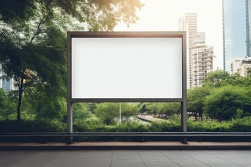 Fototapeta premium Empty outdoor advertisement billboard for branding or marketing campaign surrounded by green trees and buildings