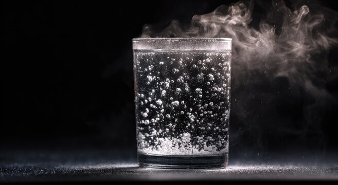 Clear glass of intensely bubbling liquid, densely effervescing with rising white steam