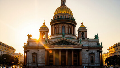 Obraz premium The building features a large dome, with sunlight casting reflections on its exterior. Statues adorn the structure, highlighting the architectural design of this prominent building.