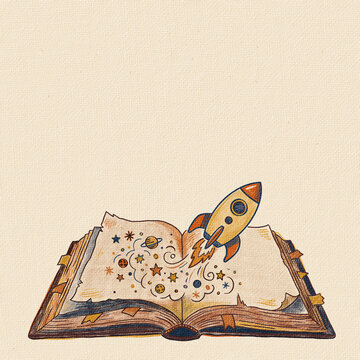 A charming, textured neo-naive illustration in a vintage style, showing a stylized toy rocket blasting off from the open pages of an antique, well-worn book