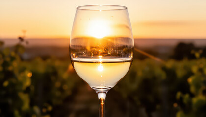 Fototapeta premium A wine glass filled with white wine captures the setting sun's reflection. The vineyard backdrop enhances the serene atmosphere of this picturesque scene.