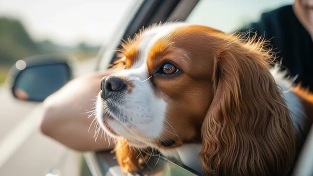 A cavalier king charles spaniel dog sticking its head out of a car window on a sunny day with a happy expression on its face looking outside