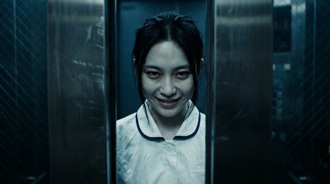ホラーや怪談、映画素材に最適。狂気と企みを感じさせる、エレベーターの扉の向こうで不気味な笑みを浮かべる青白い顔の日本人女性看護師