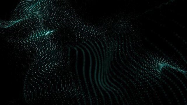Teal glowing dots form flowing wave patterns on a dark background, creating a dynamic abstract digital landscape with depth, motion, and futuristic tech feel.