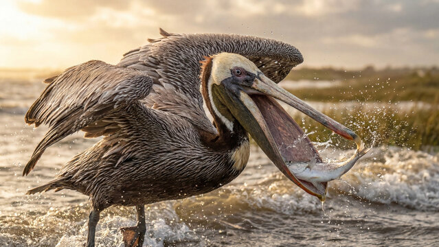 Pelicano bird with open beak standing in shallow water at sunset