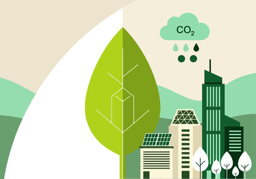 Sustainable Green City Concept with Carbon Capture, Solar Panels, and Eco-friendly Urban Architecture Illustration